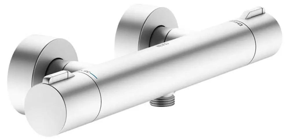 Brausemischer mit zylindrischem Design und zwei Bedienhebeln, montiert auf einer Wand. Aus Aluminium mit einer glänzenden Oberfläche, hergestellt von Keuco.